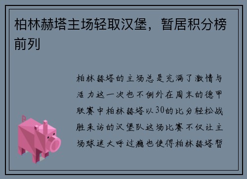 柏林赫塔主场轻取汉堡，暂居积分榜前列